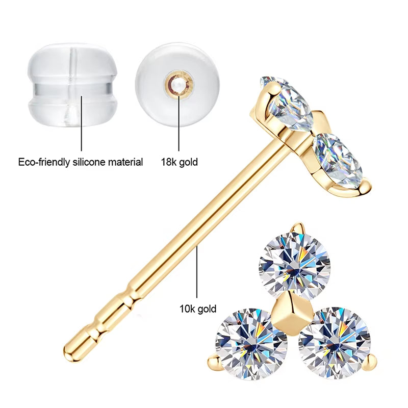 10K Solid Gold Moissanite Studs Earrings 3-Stones Mini Piercing Earrings for Women Wedding GRA Certified Fine Gold Jewelry Gifts