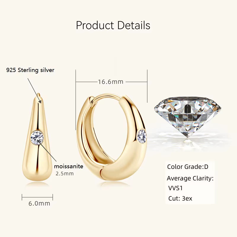 Chunky Hoops 2.5Mm D Color Moissanite Thick Huggie Earring Gold Plated 925 Silver Piercing Earrings for Women Jewelry Gift