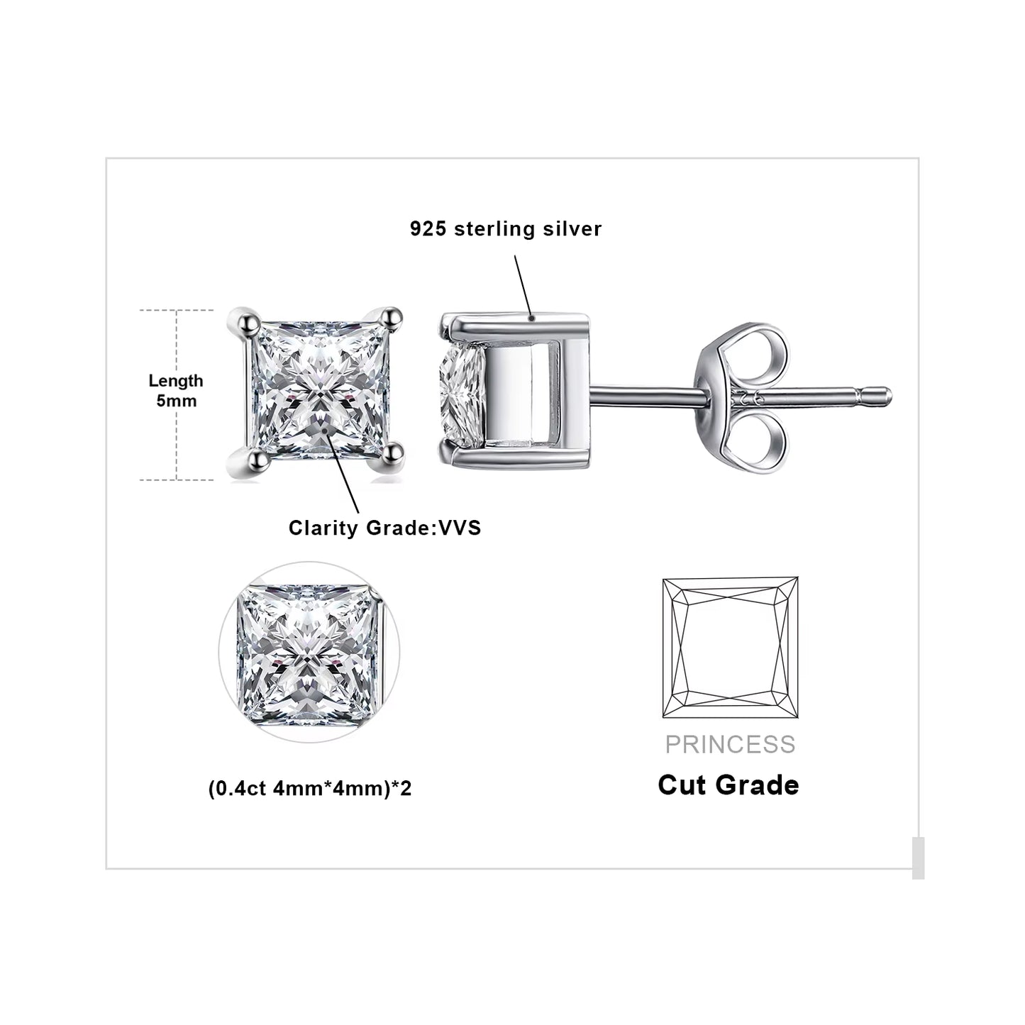 Moissanite D Color Total 0.8Ct Princess Cut S925 Sterling Silver Stud Earrings for Woman Yellow Rose Gold Plated
