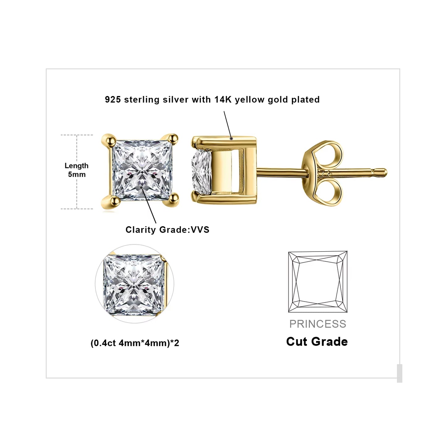 Moissanite D Color Total 0.8Ct Princess Cut S925 Sterling Silver Stud Earrings for Woman Yellow Rose Gold Plated
