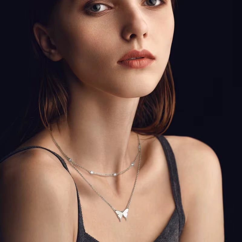 Original 925 Silver Double Layer Butterfly Necklace Collar Bezel D Color Moissanite Pendant Choker for Women Jewelry Certificate