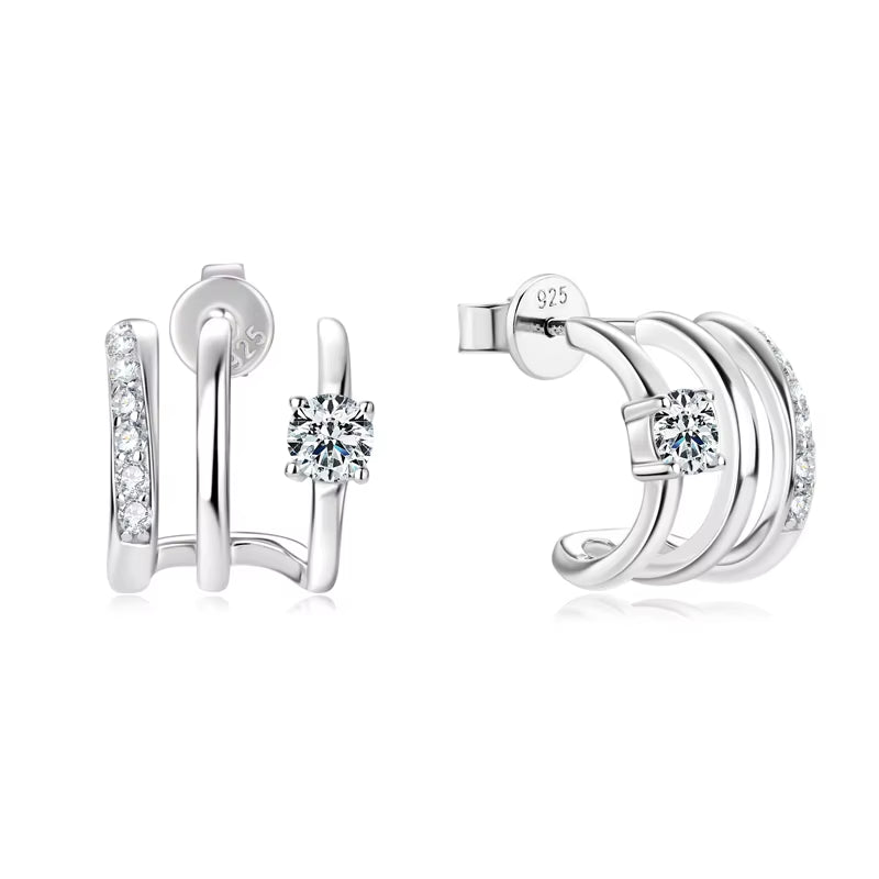 Triple Side Hoops Earrings Half Open Cuff Real 925 Silver Piercing Ear Moissanite Stud Earrings for Women Korean Jewelry