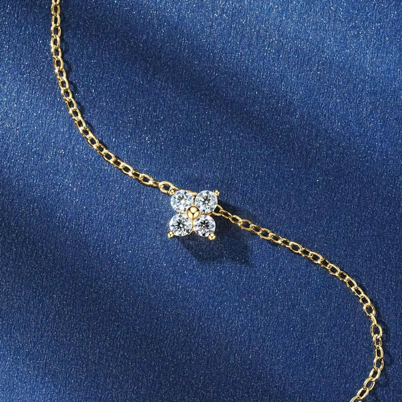 100% Real 10K Gold Clover Flower 2.5Mm D Moissanite Pendant Necklace Adjustable Chain for Women Lucky Charm Jewelry Gifts