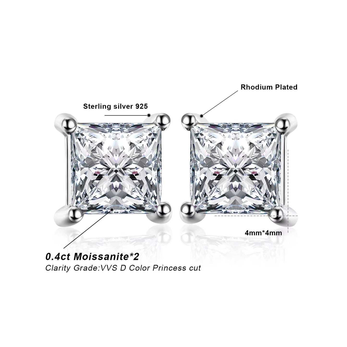 Moissanite D Color Total 0.8Ct Princess Cut S925 Sterling Silver Stud Earrings for Woman Yellow Rose Gold Plated