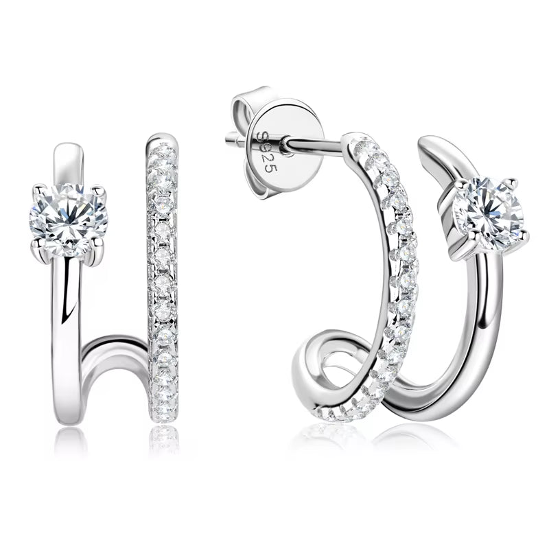 Triple Side Hoops Earrings Half Open Cuff Real 925 Silver Piercing Ear Moissanite Stud Earrings for Women Korean Jewelry