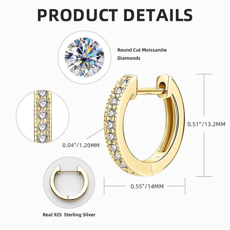 2023 Gold Hoops 925 Sterling Silver Real 1.3Mm Moissanite Huggie Stud Earrings for Women Girl Gifts Certified Fine Jewelry