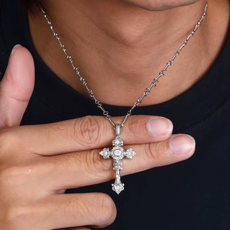 Hip Hop Chrysanthemum Floral Cross Pendant 925 Sterling Silver Moissanite Religious Jewelry Hypoallergenic Gifts for Men Women