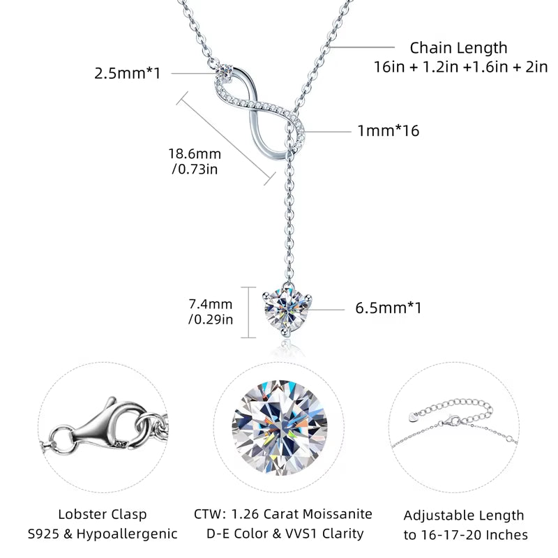 925 Silver Infinity Necklace for Women 6.5Mm D Color Moisasnite Pendant Y Shape Necklaces Anniversary Wedding Jewelry Gift