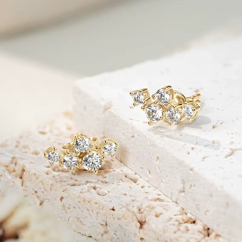 Original 925 Silver Cluster round Moissanite Stud Earrings 18K Gold Plated for Women Gift Wedding Party Jewelry Hypoallergenic