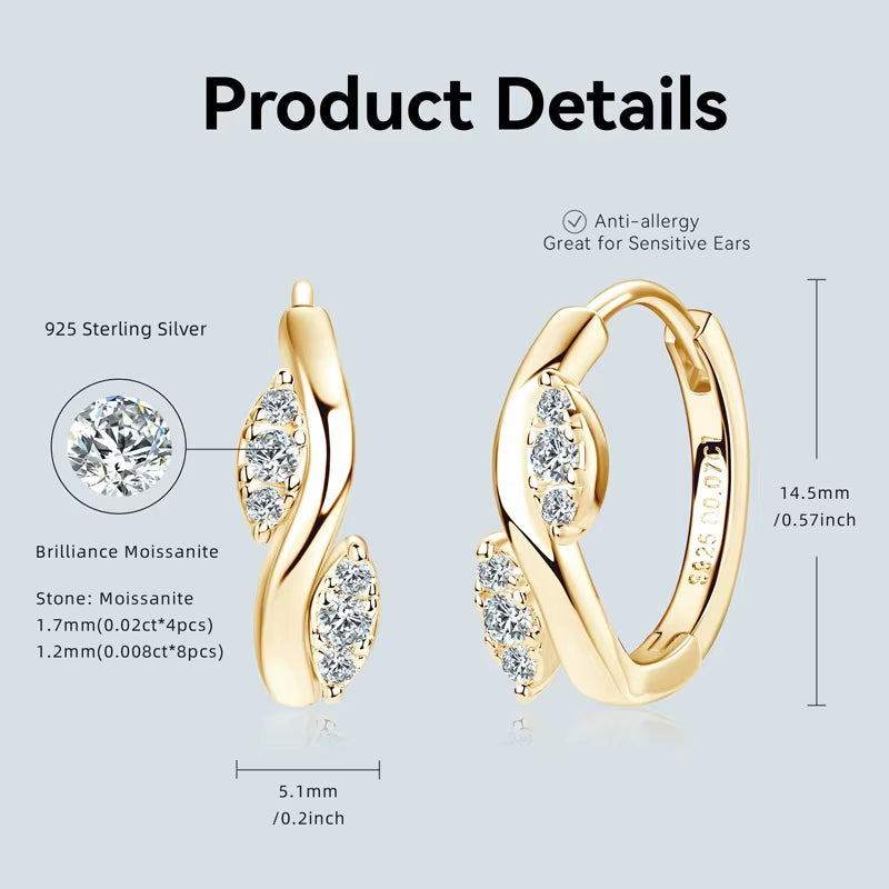 Women'S Hoop Leaf Moissanite Piercing Earrings Original 925 Sterling Silver Simple Small Earrings Fine Jewelry Daily Wear