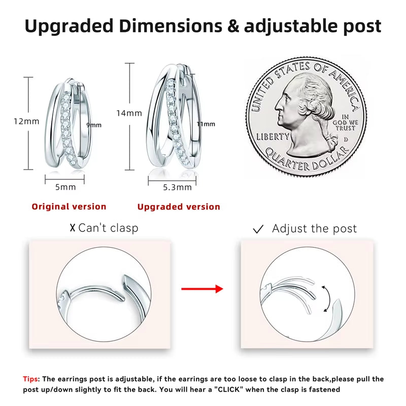 Real D Color Moissanite Double Hoop Earrings for Women 925 Sterling Silver round 1Mm Diamond Minimalist Fashion Jewelry