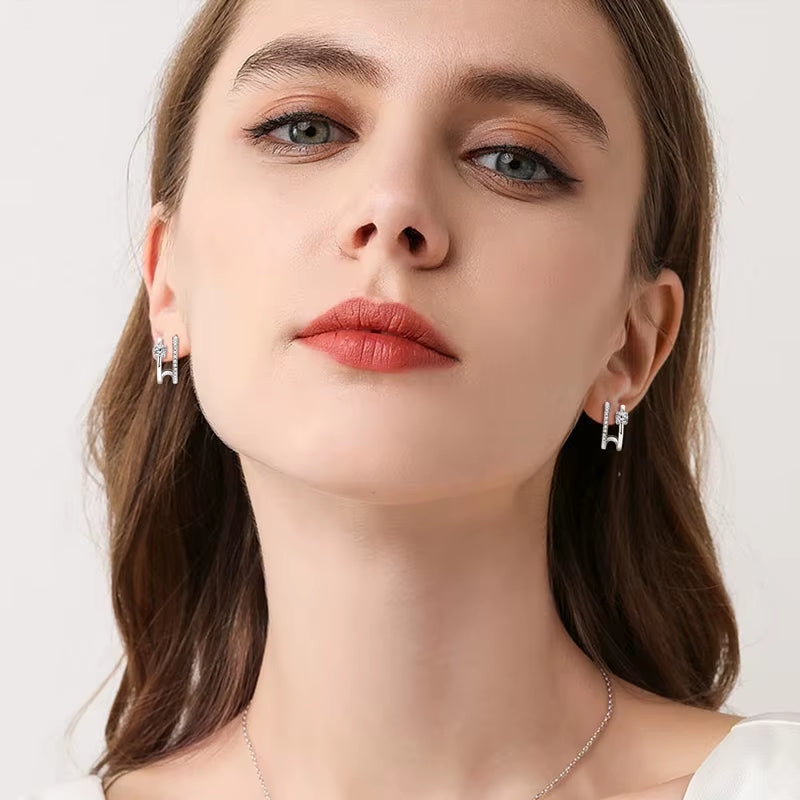 NEW 4Mm Moissanite Piercing Stud Ear Cuffs 925 Sterling Silver Double Side Hoop Earrings for Women Illusion Jewelry Gifts