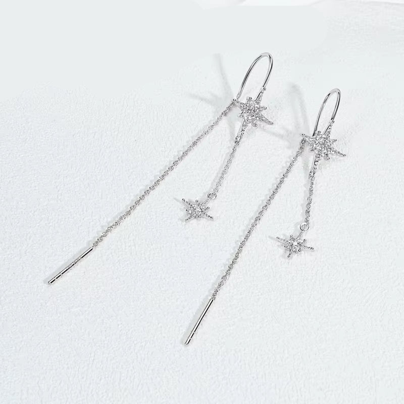 Guide Star Pendant round Moissanite Earrings Ear Line 925 Silver for Women Piercing Threader 2024 Trend Fine Jewelry Gift