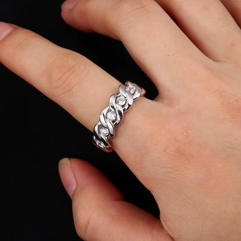 New Cuban Link Ring 925 Sterling Silver D Color Moissanite Cuban Finger Ring Plated 18K Gold Hip Hop Jewelry for Women and Men