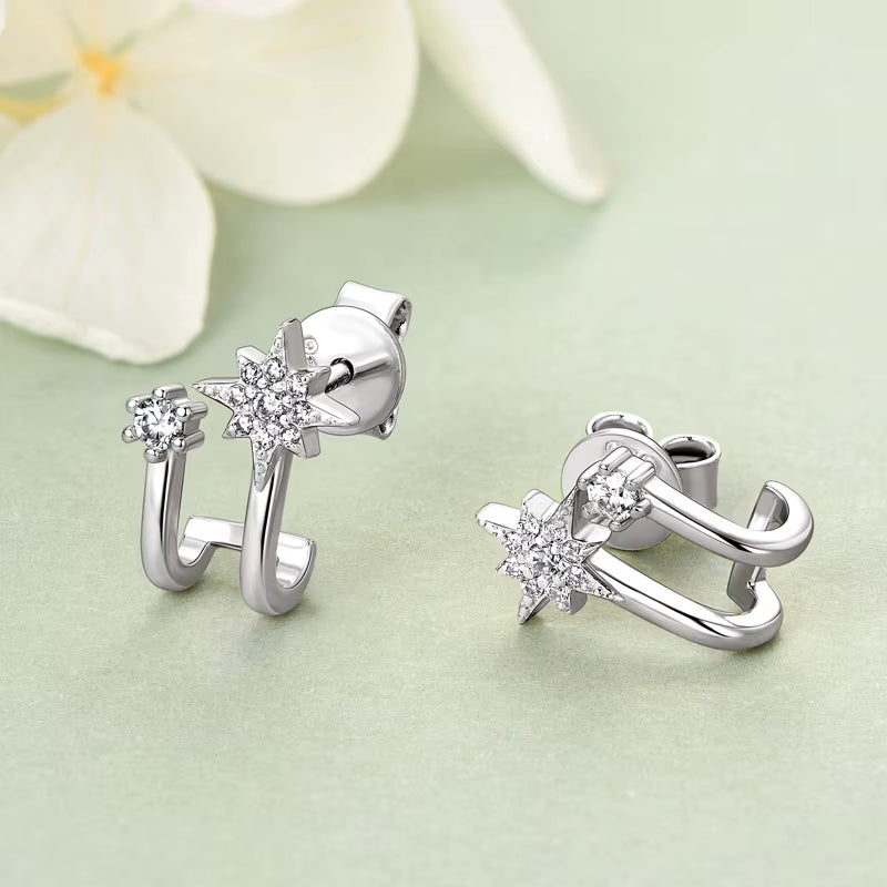 925 Sterling Silver Star Earrings Cuff Stud for Women Double Half Hoop round Cut Moissanite Earrrings 2024 Trend Jewelry