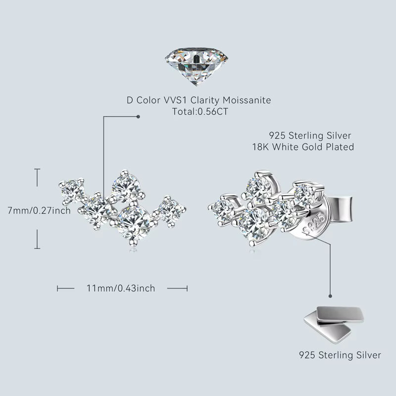 Original 925 Silver Cluster round Moissanite Stud Earrings 18K Gold Plated for Women Gift Wedding Party Jewelry Hypoallergenic