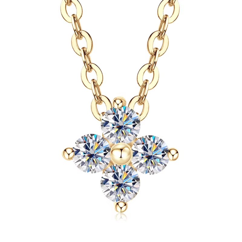 100% Real 10K Gold Clover Flower 2.5Mm D Moissanite Pendant Necklace Adjustable Chain for Women Lucky Charm Jewelry Gifts