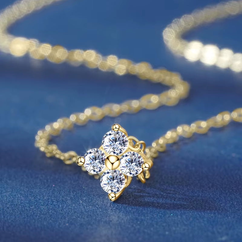 100% Real 10K Gold Clover Flower 2.5Mm D Moissanite Pendant Necklace Adjustable Chain for Women Lucky Charm Jewelry Gifts