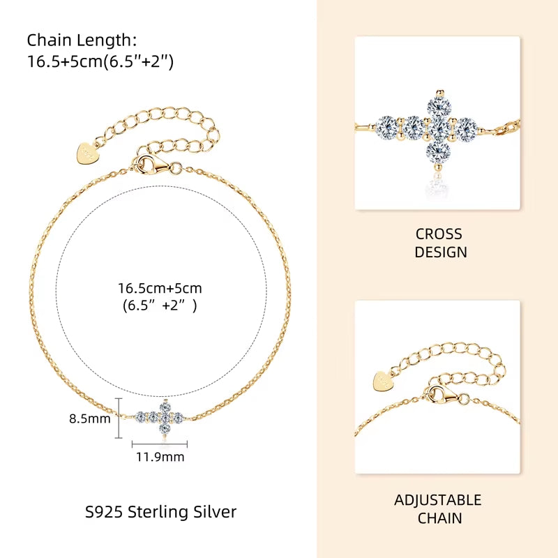 Real Moissanite Cross Bracelet 100% 925 Silver Adjustable Chain Bracelets for Women and Men Charm Jewelry Christmas Gifts