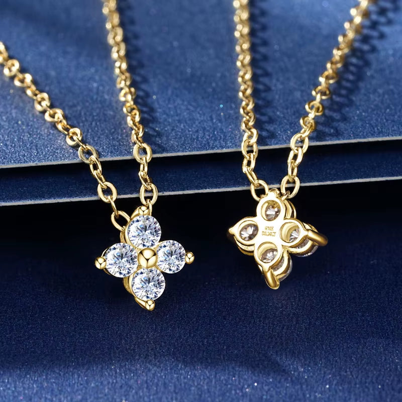100% Real 10K Gold Clover Flower 2.5Mm D Moissanite Pendant Necklace Adjustable Chain for Women Lucky Charm Jewelry Gifts