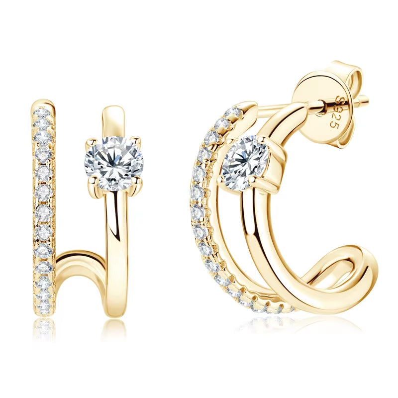 Triple Side Hoops Earrings Half Open Cuff Real 925 Silver Piercing Ear Moissanite Stud Earrings for Women Korean Jewelry