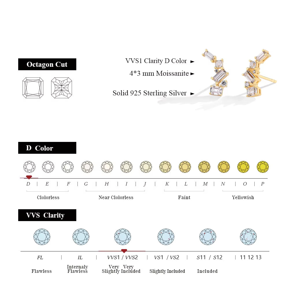 Sparkling Full D VVS1 Color Moissanite Stud Earrings for Women Pure 10K 14K 18K Yellow Gold 925 Silver Fine Jewelry New