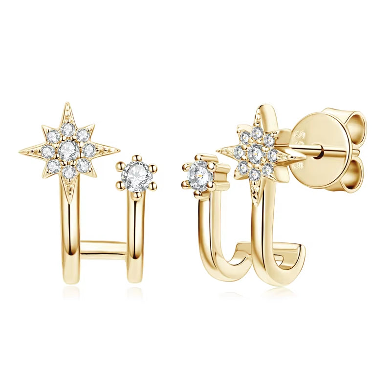 925 Sterling Silver Star Earrings Cuff Stud for Women Double Half Hoop round Cut Moissanite Earrrings 2024 Trend Jewelry