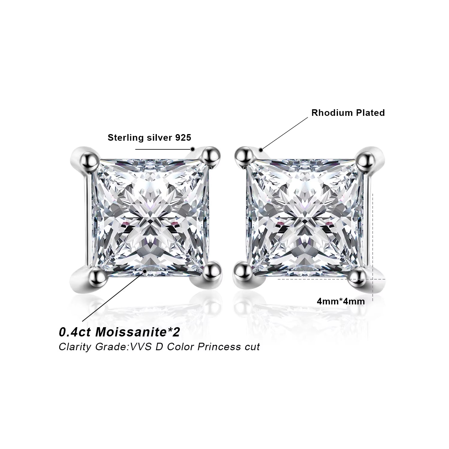Moissanite D Color Total 0.8Ct Princess Cut S925 Sterling Silver Stud Earrings for Woman Yellow Rose Gold Plated
