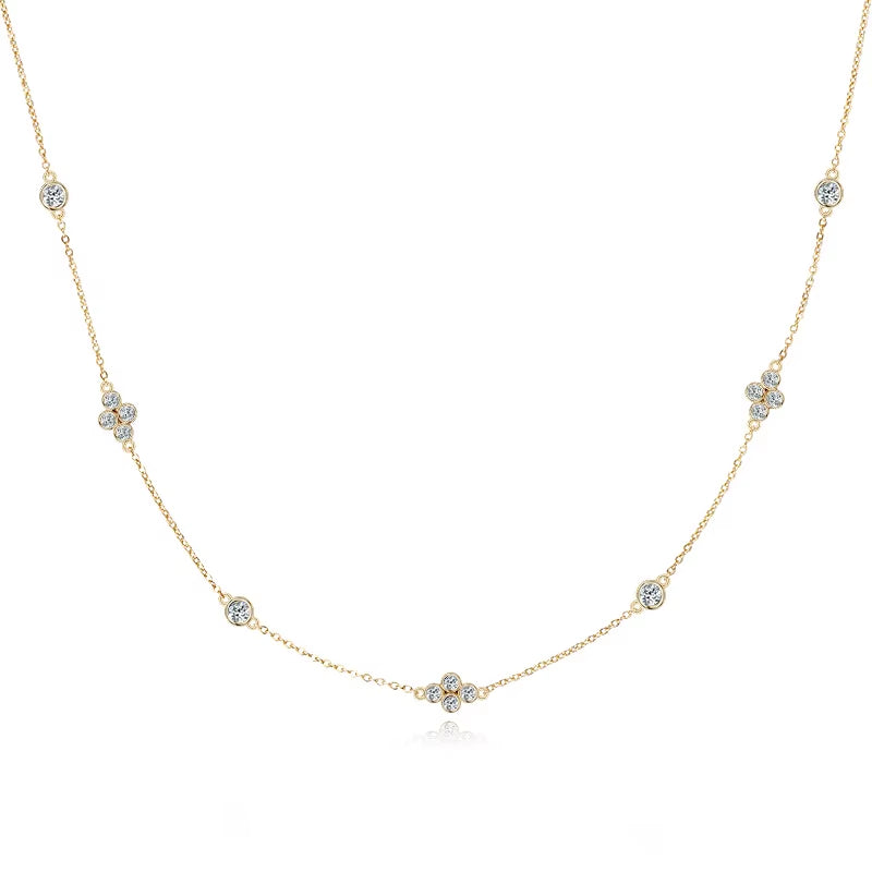 Full Moissanite Flower Necklace Clavicle Chain Adjustable 925 Silver Plated 18K Gold Women'S Choker Jewelry Valentine Gift