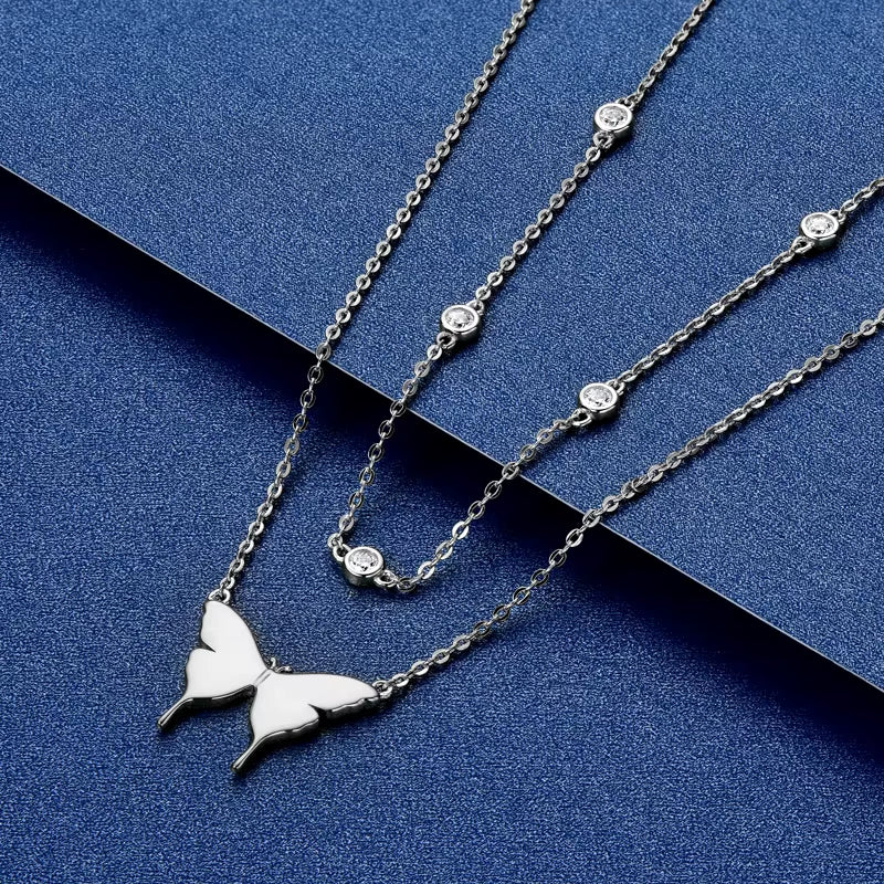 Original 925 Silver Double Layer Butterfly Necklace Collar Bezel D Color Moissanite Pendant Choker for Women Jewelry Certificate