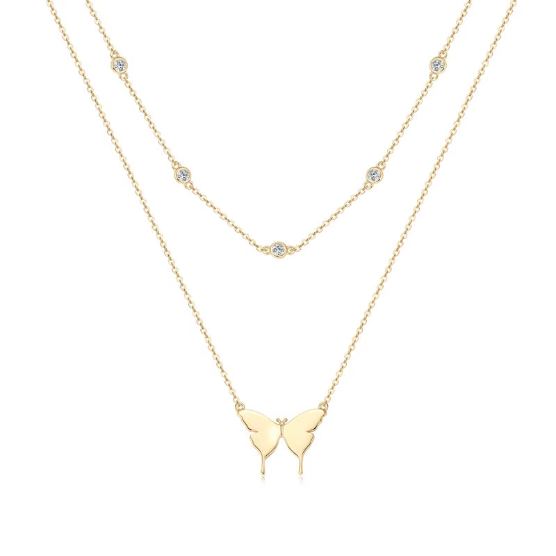 Original 925 Silver Double Layer Butterfly Necklace Collar Bezel D Color Moissanite Pendant Choker for Women Jewelry Certificate