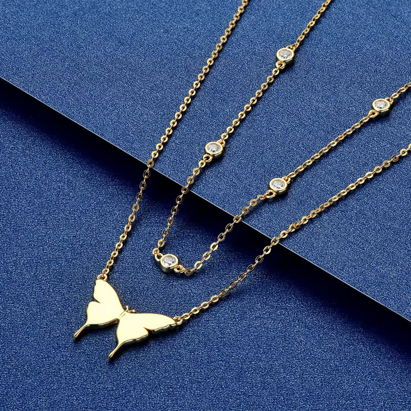 Original 925 Silver Double Layer Butterfly Necklace Collar Bezel D Color Moissanite Pendant Choker for Women Jewelry Certificate